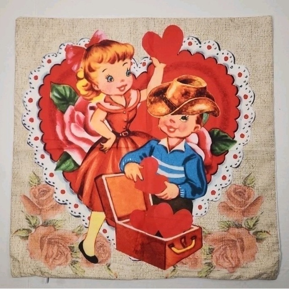 Vintage Inspired Valentine Greeting Boy Cowboy Hearts Pillow Cover